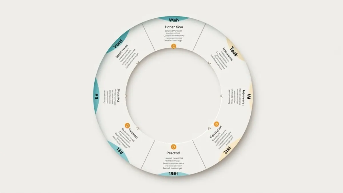 A circular weekly planner abstraction divided into seven segments with small task markers — illustration for A Realistic 7-Day CPA Marketing Action Plan