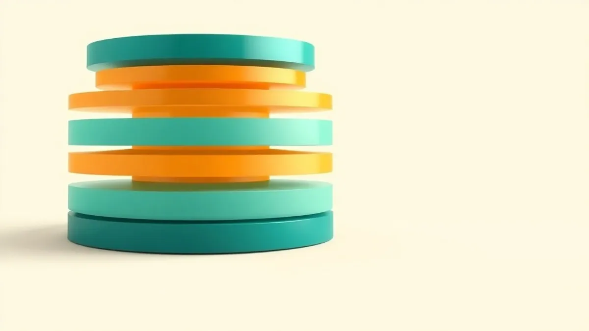 A layered technology stack of five horizontal slabs viewed at an angle — illustration for Best CPA Marketing Tools and Software in 2026