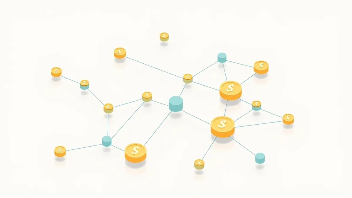 An isometric illustration of interconnected nodes with small coins travelling along the connecting lines — illustration for CPA Marketing: The Complete Guide to Cost Per Action (2026)
