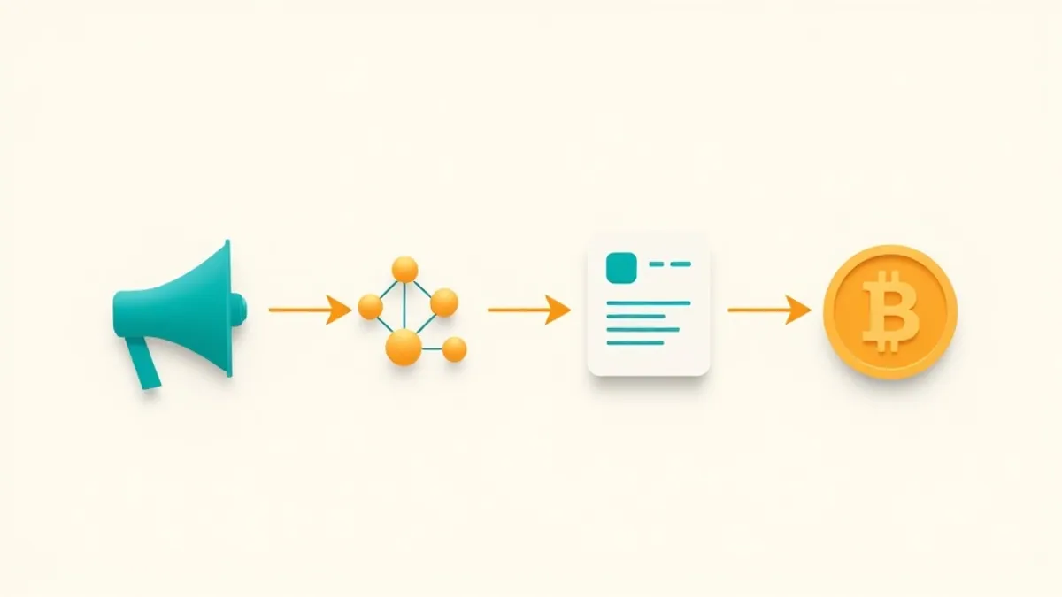 A clear four-stage flow diagram of abstract shapes: a megaphone form — illustration for CPA Marketing: The Complete Guide to Cost Per Action (2026)