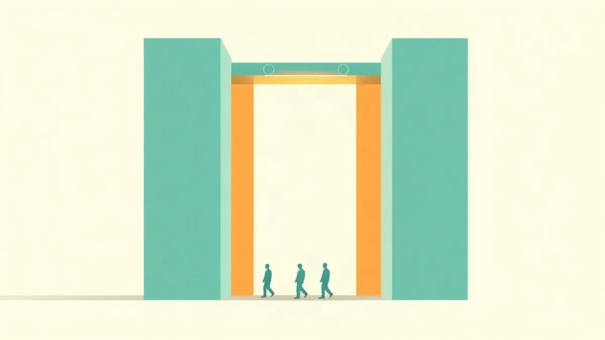 An abstract gateway or checkpoint made of two tall panels with a narrow lit opening between them — illustration for How to Get Approved by a CPA Network (Application and Call)
