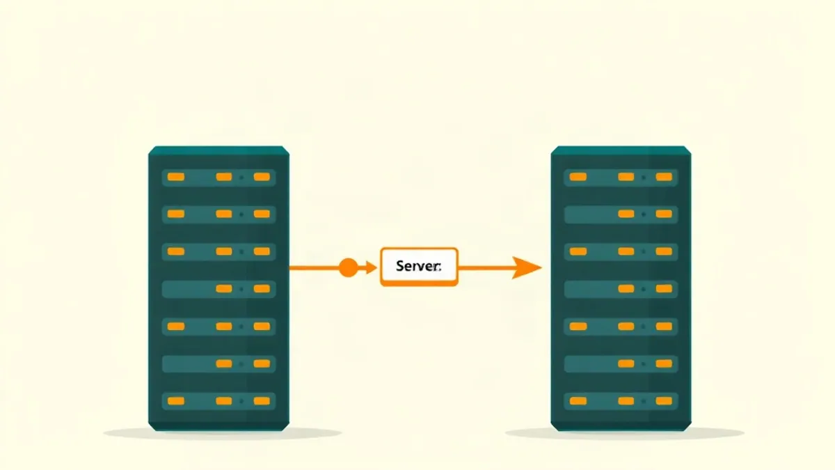 Two abstract server towers connected by a curved arrow carrying a small labelled token — illustration for CPA Tracking and Postback URLs Explained