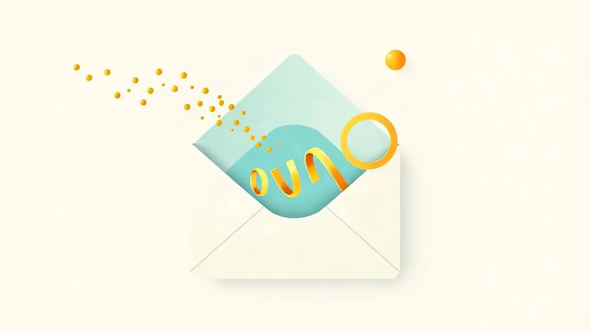 An abstract envelope shape releasing a curved stream of small dots that pass through a filter ring — illustration for Email Marketing for CPA Offers: Lists, Consent and Network Rules
