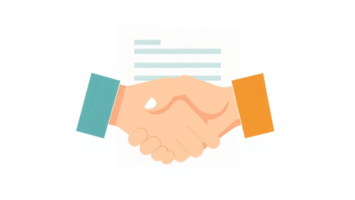 A handshake formed from two simple geometric arm shapes — illustration for MaxBounty Review 2026: Offers, Payouts and Getting Approved